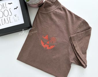 Embroidered Pumpkin Face Halloween Shirt, Monogrammed Pocket,  Personalized Shirt, Comfort Color Shirt, Oversized Minimalist Spooky Tee