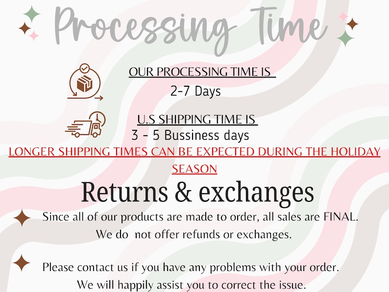 May include: A graphic with text about processing time, shipping time, and returns and exchanges. The text includes "Processing Time", "2-7 Days", "3-5 Business days", and "Returns & Exchanges". The image has decorative elements.