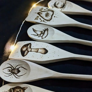 Pyrography Wooden Spoons and Spatulas, kitchen witch, altar spoon, custom spoon, wooden spoon, cooking, witch gift, wood burning, horror