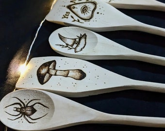 Pyrography Wooden Spoons and Spatulas, kitchen witch, altar spoon, custom spoon, wooden spoon, cooking, witch gift, wood burning, horror