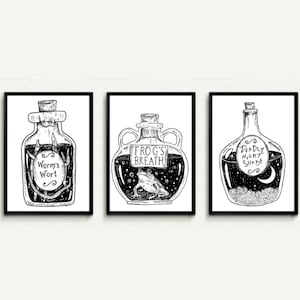 Stampe di pozioni natalizie NBC Goth, stampe di pozioni, respiro di rane, belladonna, erba di vermi, nbc, inchiostro, illustrazione, jack, sally