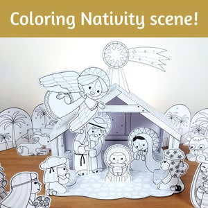 Presepe, colorazione, stampabile, modello di carta, set di carta, creazione di carta, giocattolo di carta, download istantaneo, decorazione artigianale natalizia fai da te.