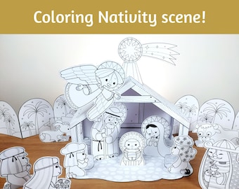 Nativity scene, coloring, printable, paper model, paper set, paper craft, paper toy, instant download, DIY Christmas craft decoration. 