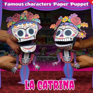 La Catrina, marioneta de papel, halloween, vacaciones, imprimible, papercraft, juguete de papel, descarga instantánea, artesanía DIY, dia de los muertos, colorear.