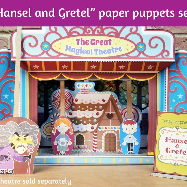 Paper puppets set, Hansel and Gretel, fairy tale, printable, coloring, paper craft, paper toy, instant download, DIY, classroom activity. 