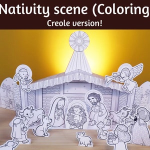 Nativity scene, creole, coloring, printable, paper model, paper craft, paper toy, instant download, DIY Christmas craft decoration. 