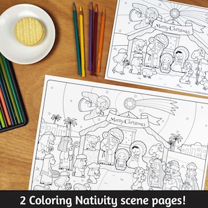 Nativity scene, holiday, coloring page, coloring sheet, printable, activity for kids, paper craft, instant download, DIY Christmas craft.