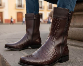 Franco Cuadra Mens Brown Crocodile Cowhide Ankle Boot 802NPBS