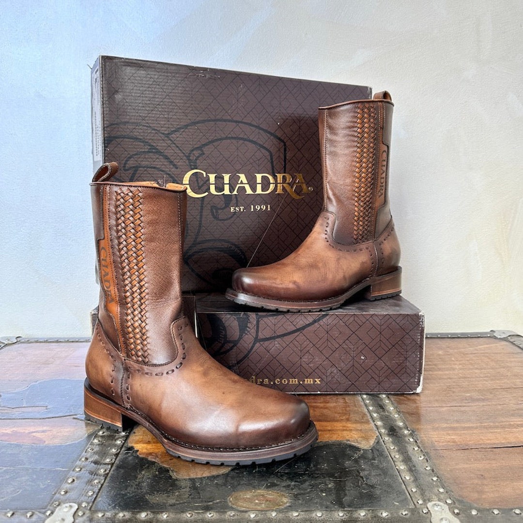 Cuadra Botas de Cuero Miel Tejidas a Mano para Hombre 4D05RS