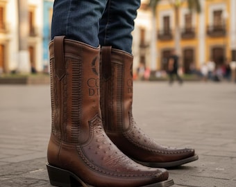 Cuadra Mens Ostrich Flame Chocolate Leather Boots 1J2KA1