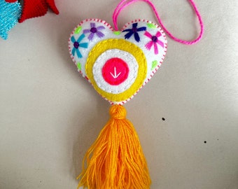 Evil Eye Embroidered Heart Tassel