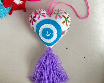 Evil Eye Embroidered Heart Tassel