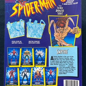 Puede incluir: Una figura de acci&oacute;n de Spider-Man de la nueva serie animada. La figura es roja y azul con un s&iacute;mbolo de ara&ntilde;a negro en el pecho. La figura sostiene un lanzatelara&ntilde;as en una mano. La figura est&aacute; empaquetada en una caja de cart&oacute;n con una imagen de Spider-Man en la parte delantera. La caja tambi&eacute;n tiene una imagen del villano Smythe, que es el hijo del cient&iacute;fico que construy&oacute; el primer Spider-Slayer. La caja tambi&eacute;n tiene una imagen del villano Carnage, que es un simbionte que se ha unido a un hu&eacute;sped humano. La caja tambi&eacute;n tiene una imagen del villano Venom, que es un simbionte que se ha unido a un hu&eacute;sped humano. La caja tambi&eacute;n tiene una imagen del villano Hobgoblin, que es un villano que usa una bomba de calabaza. La caja tambi&eacute;n tiene una imagen del villano Dr. Octopus, que es un villano que usa tent&aacute;culos. La caja tambi&eacute;n tiene una imagen del villano Smythe, que es un villano que usa un doble golpe de poder.