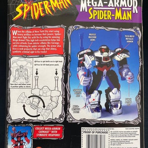 Pode incluir: Uma figura de a&ccedil;&atilde;o vermelha e prateada do Homem-Aranha em um grande traje rob&oacute;tico. A figura est&aacute; segurando um machado de batalha em uma m&atilde;o e um punho na outra. A embalagem apresenta as palavras "Battle Action Mega-Armor Spider-Man".