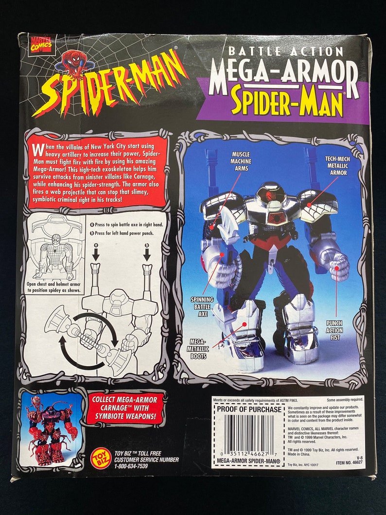 Pode incluir: Uma figura de a&ccedil;&atilde;o vermelha e prateada do Homem-Aranha em um grande traje rob&oacute;tico. A figura est&aacute; segurando um machado de batalha em uma m&atilde;o e um punho na outra. A embalagem apresenta as palavras "Battle Action Mega-Armor Spider-Man".