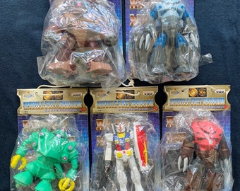 Vintage 1999 Gundam Figure Set: Banpresto RX-78-2, Z'Gok, Acguy, Zock
