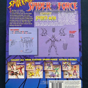 May include: A blue and red cardboard box with a Spider-Man action figure on the front. The box features the text "Spider-Man Spider Force" and "Cybersect Spider-Man". The back of the box shows the action figure in detail and includes instructions for assembly. The box also features images of other action figures in the Spider-Force line.