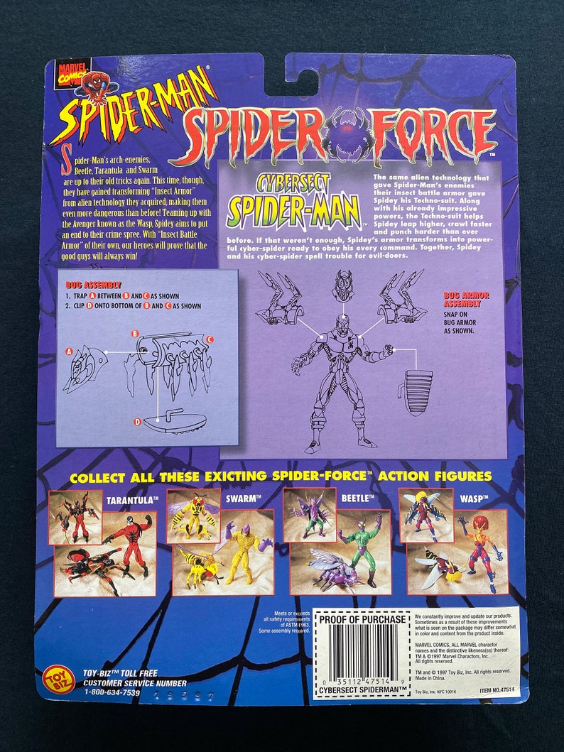 May include: A blue and red cardboard box with a Spider-Man action figure on the front. The box features the text "Spider-Man Spider Force" and "Cybersect Spider-Man". The back of the box shows the action figure in detail and includes instructions for assembly. The box also features images of other action figures in the Spider-Force line.
