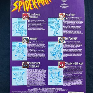 May include: Back of a card featuring the Spider-Man characters from the Marvel Comics animated series. The card features images of Spider-Man, Morbius, Nick Fury, The Punisher, and Six-Arm Spider-Man. The card is purple, blue, and red with white text.