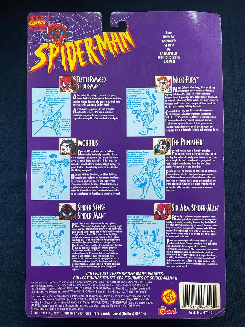 May include: Back of a card featuring the Spider-Man characters from the Marvel Comics animated series. The card features images of Spider-Man, Morbius, Nick Fury, The Punisher, and Six-Arm Spider-Man. The card is purple, blue, and red with white text.