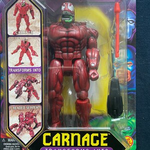 May include: Carnage action figure from the Marvel Legends line. The figure is red and black and transforms into a three-headed serpent. The packaging includes the figure, a weapon, and a card with the figure's name and transformation instructions.