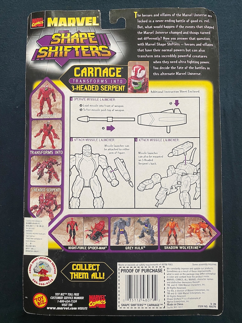 May include: Carnage action figure from the Marvel Shape Shifters line. The figure transforms into a three-headed serpent. The packaging shows the figure in both forms and includes other characters from the line, including Night-Force Spider-Man, Grey Hulk, and Shadow Wolverine.