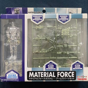 May include: A Material Force model kit in a clear plastic box. The kit includes a clear plastic action figure and various weapon parts. The box has text in Japanese and English, with the words "Material Force" prominently displayed.
