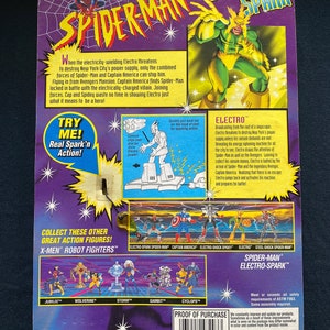May include: A Spider-Man action figure wearing a red and blue suit, holding a lightning bolt in his hand. The figure is posed in a dynamic action pose. The background is purple and blue with stars and the text "Electro-Spark" in white. The figure is part of a collection of X-Men Robot Fighters.