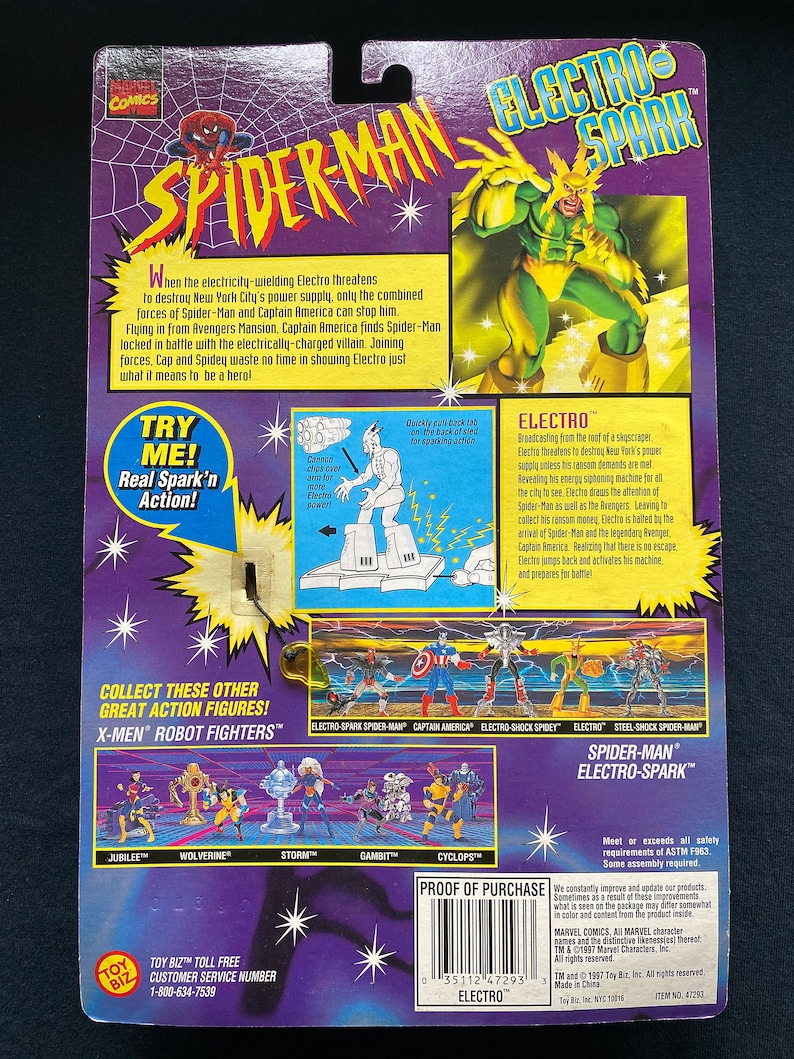 May include: A Spider-Man action figure wearing a red and blue suit, holding a lightning bolt in his hand. The figure is posed in a dynamic action pose. The background is purple and blue with stars and the text "Electro-Spark" in white. The figure is part of a collection of X-Men Robot Fighters.