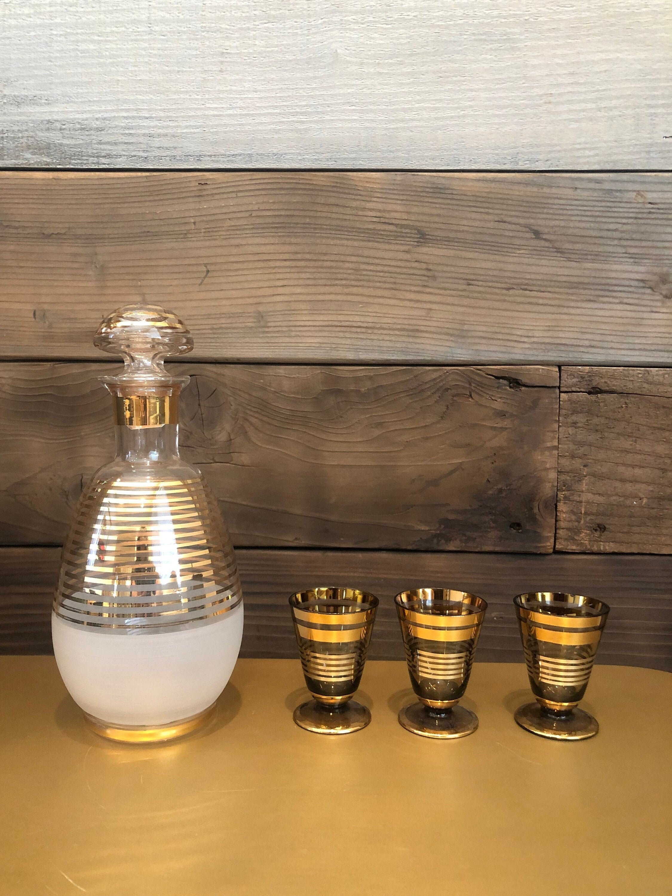 Vintage glass decanter and three shot glasses Etsy