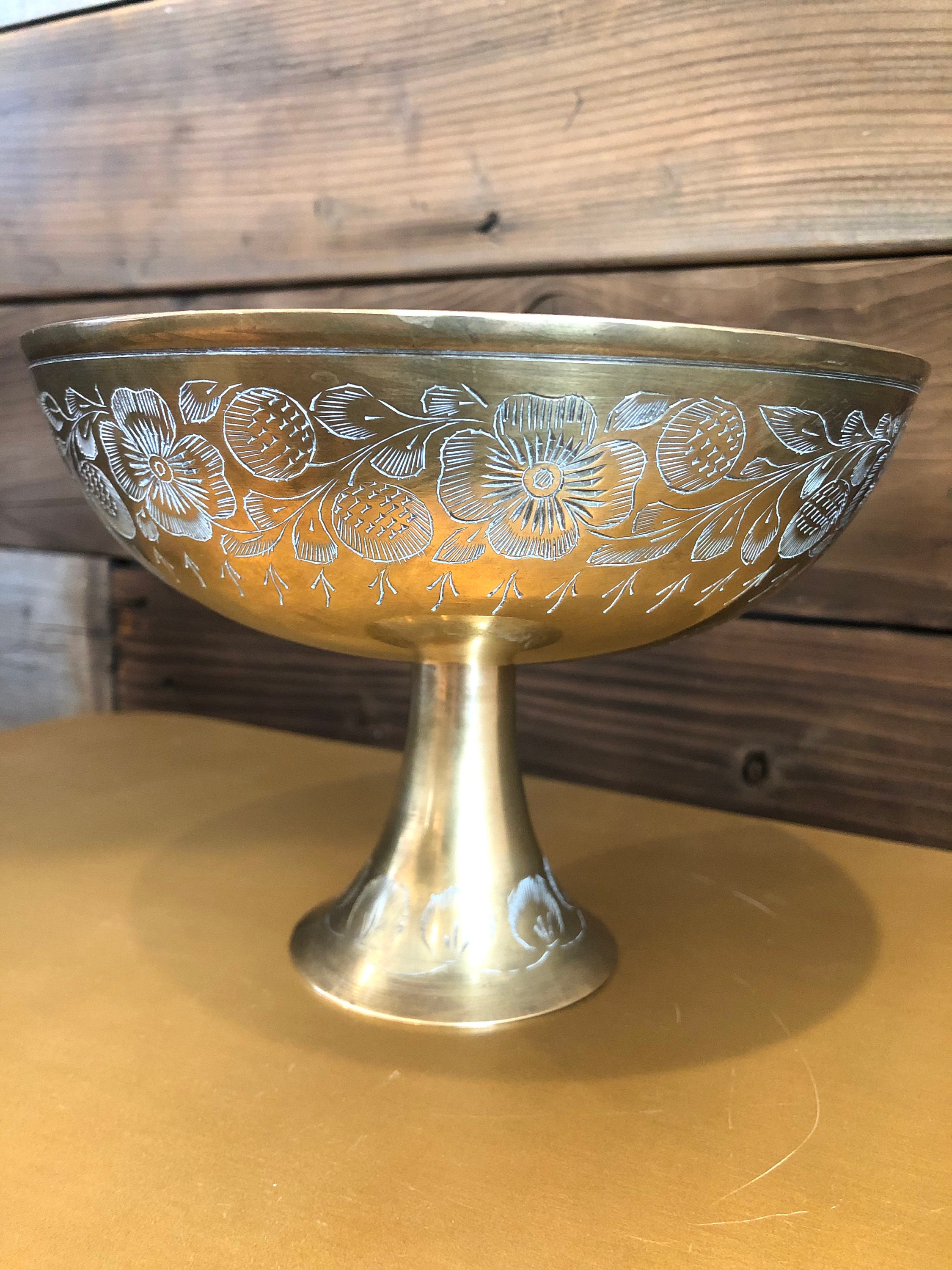 Vintage etched brass pedestal bowl Etsy
