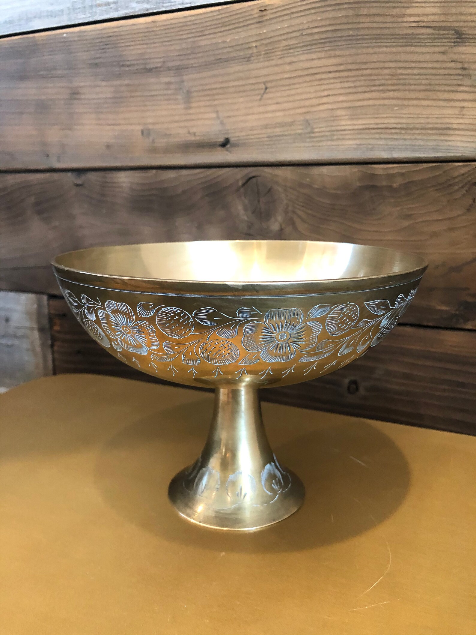 Vintage etched brass pedestal bowl Etsy