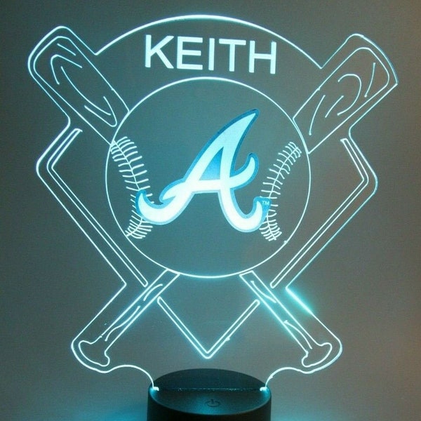 Atlanta Braves Night Light Up Baseball LED Sports Fan Table Lamp Energy Efficient Room Decor Personalized FREE Engrave With Remote 16 Colors