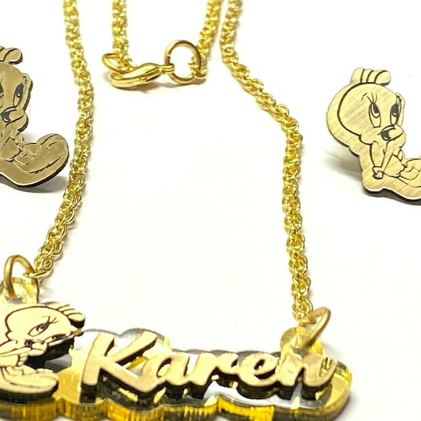 Tweety Bird Personalized Necklace and Post Stud Earrings Set With Quality Gold Chain Handmade Made To Order Name, Color Choice, Great Gift!