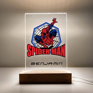 Spiderman Hero Night Light Up LED Table Desk Lamp Stand Superhero Boys Kids Man Bedroom Home Room Decor Personalized FREE Name Engraved Gift