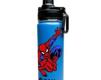 Araña de superhéroe personalizada con nombre, botella de agua hidráulica con aislamiento de acero inoxidable de 18/32 oz, mantiene las bebidas frías durante 24 horas, fácil de transportar