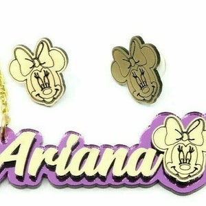 Minnie Mouse Personalized Necklace and Post Stud Earrings Quality Gold Chain Handmade Made To Order Name Color Choice Kids Girls Jewelry Set