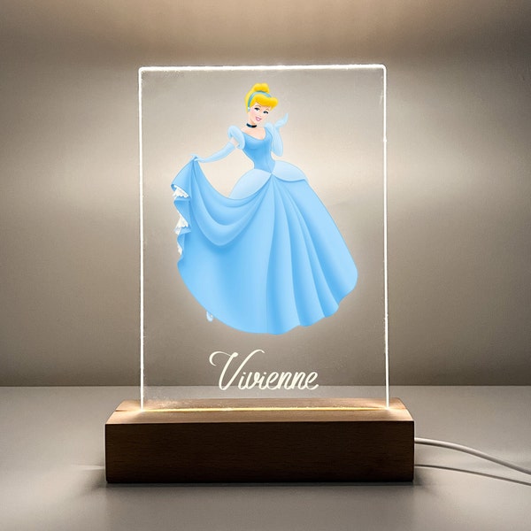 Princess Cinderella Night Light Up LED Table Desk Lamp Stand Energy Efficient Girls Kids Bedroom Room Decor Personalized FREE Engraved Gift