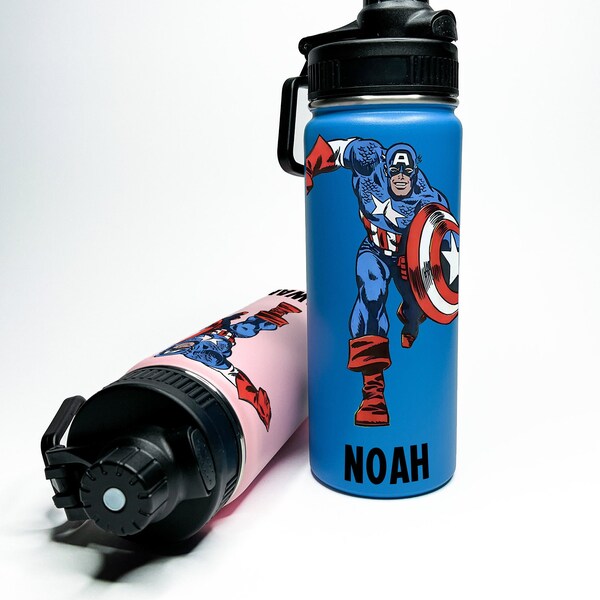 Personalized Custom Superhero Captain With Name Stainless Steel Insulated 18/32oz Hydro Water Bottle Keeps Drinks Cold for 24Hours EasyCarry