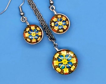 beautiful mandala blue and yellow  glass double sided pendant and drop earring gift  set