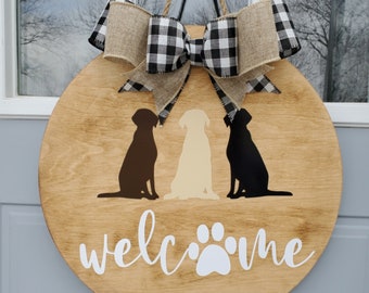 Labrador Welcome Door Hanger | Plaid Bow, Dog Lover Decor