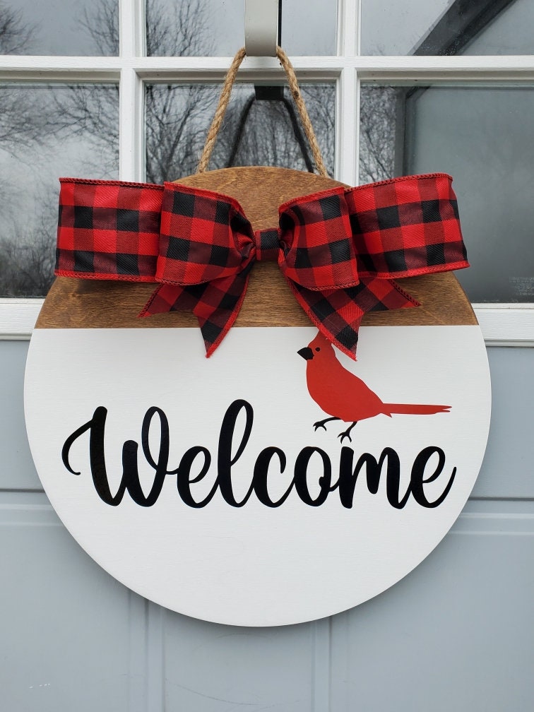 Cardinal Welcome Sign | Round Wood Front Door Decor - Etsy