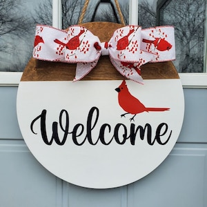 Cardinal Front Door Decor | Cardinal Sign for Front Door | Bird Welcome Sign | Cardinal Home Decor | Welcome Sign | Wood Round Cardinal Gift