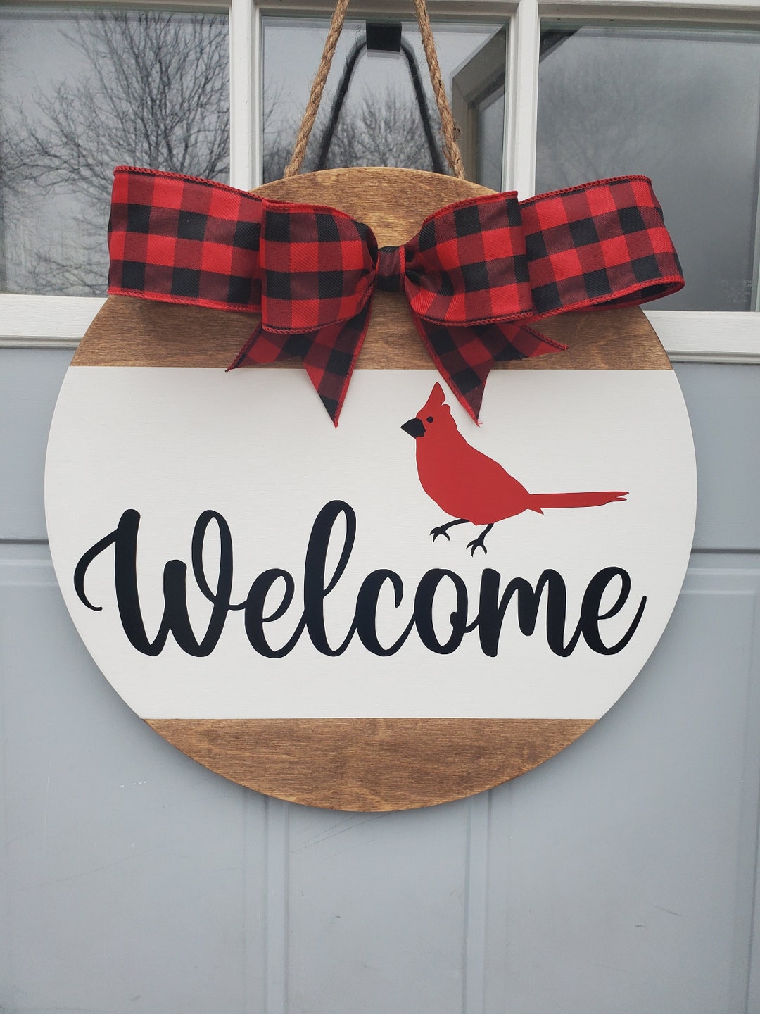 Cardinal Welcome Sign | Rustic Wood Round Front Door Hanger - Etsy