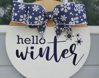 Hello Winter Wood Round Door Hanger | Snowflake Bow Welcome Sign
