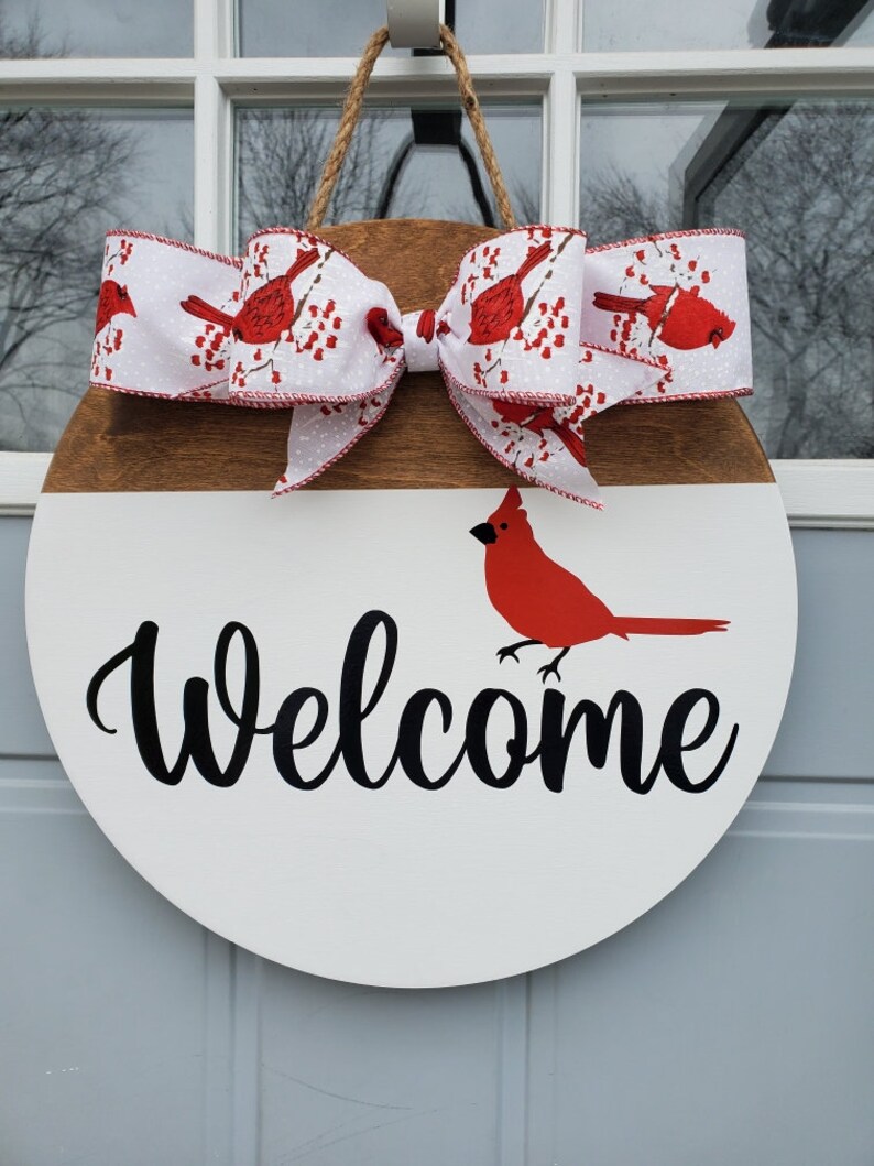 Cardinal Welcome Sign | Round Wood Front Door Decor - Etsy