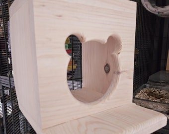 Chinchilla Hanging Hideout House, Open View Back and Front Ledge, Side Cage Mount Kiln Dried Pine Hardware Incl.