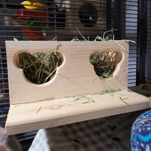 Chinchilla Hanging Hay Feeder Box with Chinchilla Face Feeder Cut Outs with Ledge Hardware Included Slim Hay Box Feeder