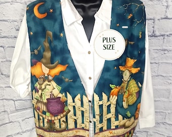 Halloween Vest with Witch and Scarecrow Print, Plus Size Ladies Top
