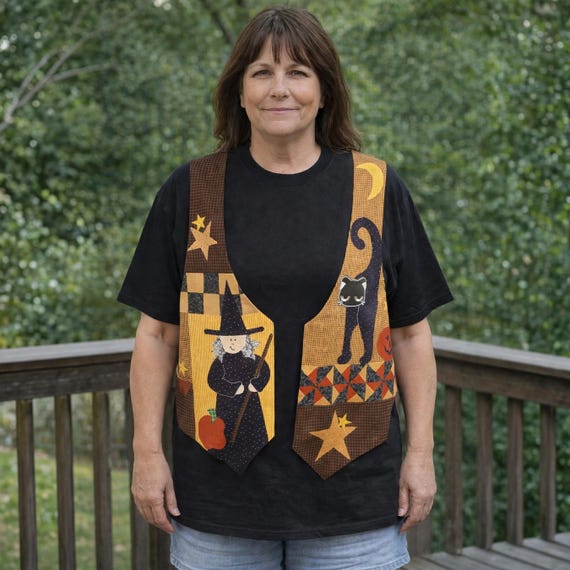 Halloween Vest Tee, Witch Cat Shirt, Unisex Black T-Shirt